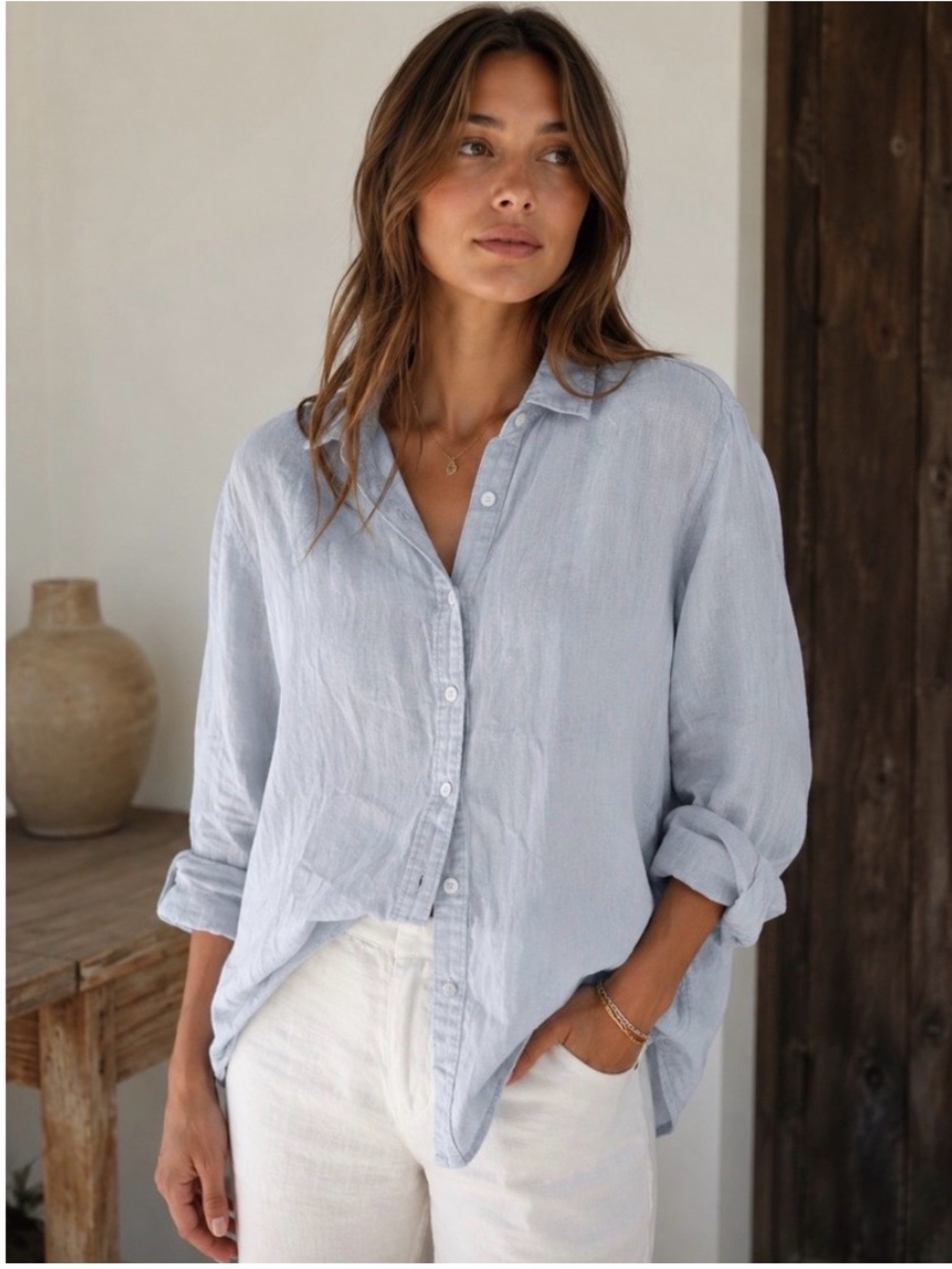 Quince Light Blue Linen Button-Up Shirt - Women